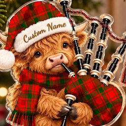 ScotsTee Shop Scottish Macquarrie Modern Tartan Highland Cow Bagpiper Christmas Ornament