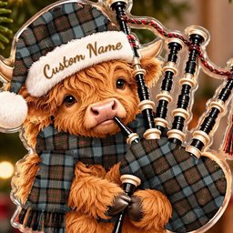 ScotsTee Shop Scottish Maclaren Weathered Tartan Highland Cow Bagpiper Christmas Ornament