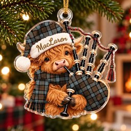ScotsTee Shop Scottish Maclaren Weathered Tartan Highland Cow Bagpiper Christmas Ornament