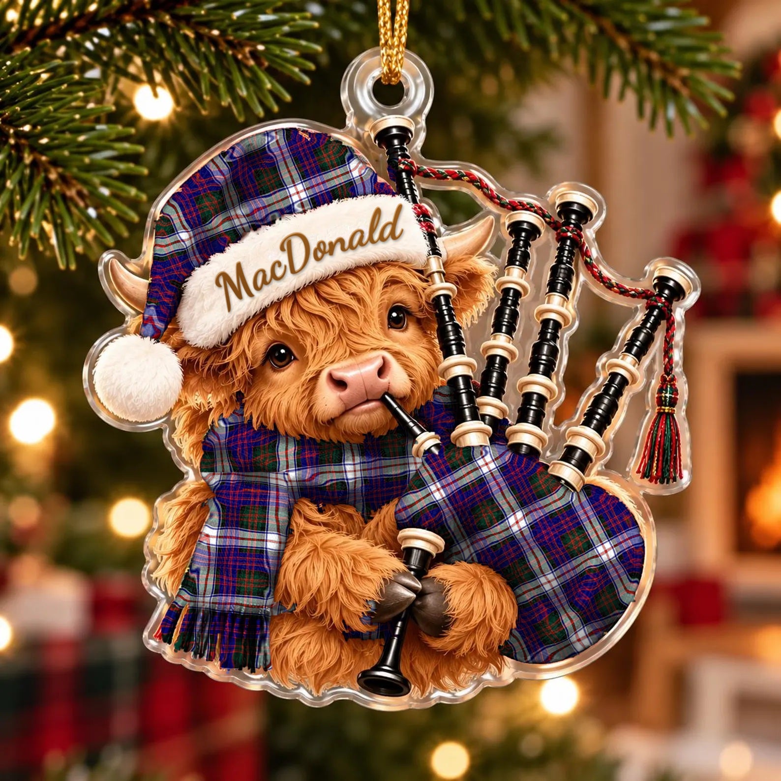 ScotsTee Shop Scottish Macdonald Dress Modern Tartan Highland Cow Bagpiper Christmas Ornament