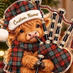 ScotsTee Shop Scottish Maclachlan Weathered Tartan Highland Cow Bagpiper Christmas Ornament