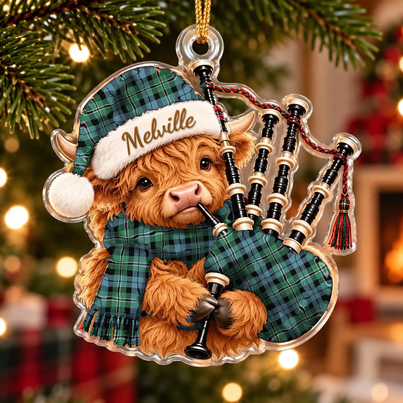 ScotsTee Shop Scottish Melville Tartan Highland Cow Bagpiper Christmas Ornament