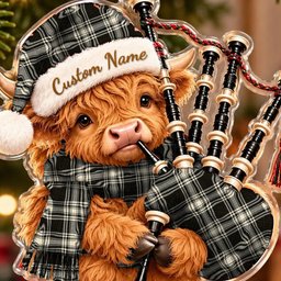 ScotsTee Shop Scottish Menzies Black White Ancient Tartan Highland Cow Bagpiper Christmas Ornament
