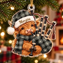 ScotsTee Shop Scottish Menzies Black White Ancient Tartan Highland Cow Bagpiper Christmas Ornament
