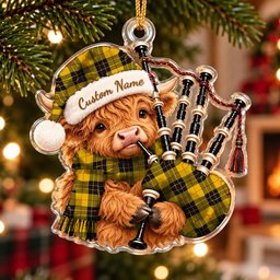 ScotsTee Shop Scottish Macleod Of Lewis Ancient Tartan Highland Cow Bagpiper Christmas Ornament