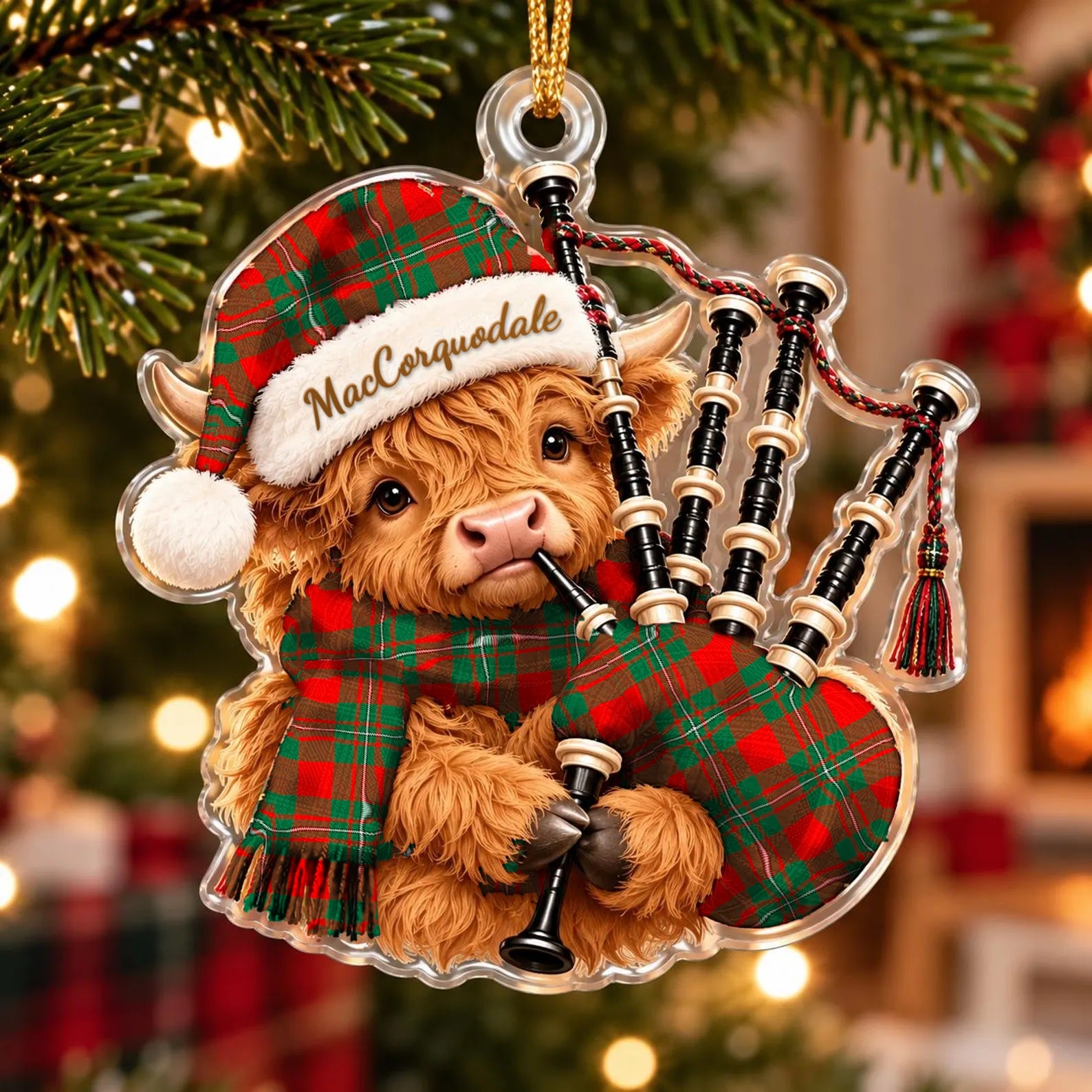 ScotsTee Shop Scottish Maccorquodale Tartan Highland Cow Bagpiper Christmas Ornament