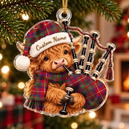 ScotsTee Shop Scottish Shaw Red Modern Tartan Highland Cow Bagpiper Christmas Ornament