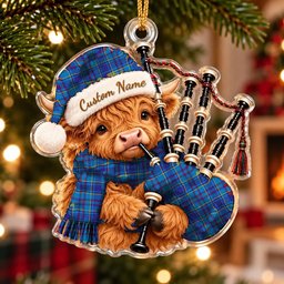 ScotsTee Shop Scottish Mercer Modern Tartan Highland Cow Bagpiper Christmas Ornament