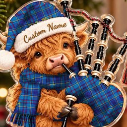 ScotsTee Shop Scottish Mercer Modern Tartan Highland Cow Bagpiper Christmas Ornament