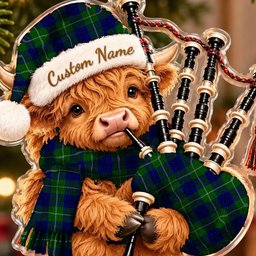 ScotsTee Shop Scottish Oliphant Modern Tartan Highland Cow Bagpiper Christmas Ornament