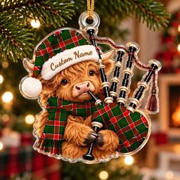 ScotsTee Shop Scottish Pollock Modern Tartan Highland Cow Bagpiper Christmas Ornament