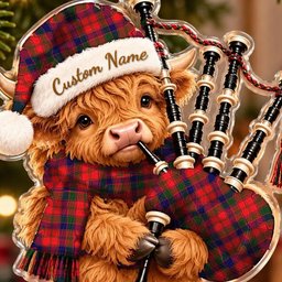 ScotsTee Shop Scottish Robertson Modern Tartan Highland Cow Bagpiper Christmas Ornament