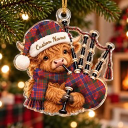 ScotsTee Shop Scottish Macrae Ancient Tartan Highland Cow Bagpiper Christmas Ornament