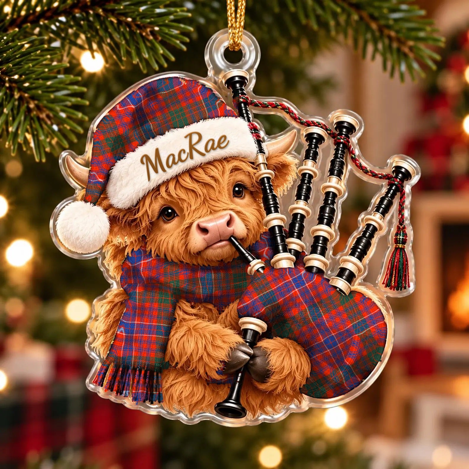 ScotsTee Shop Scottish Macrae Ancient Tartan Highland Cow Bagpiper Christmas Ornament