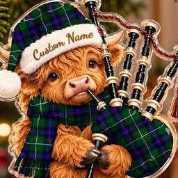 ScotsTee Shop Scottish Macdonald Of The Isles Hunting Modern Tartan Highland Cow Bagpiper Christmas Ornament