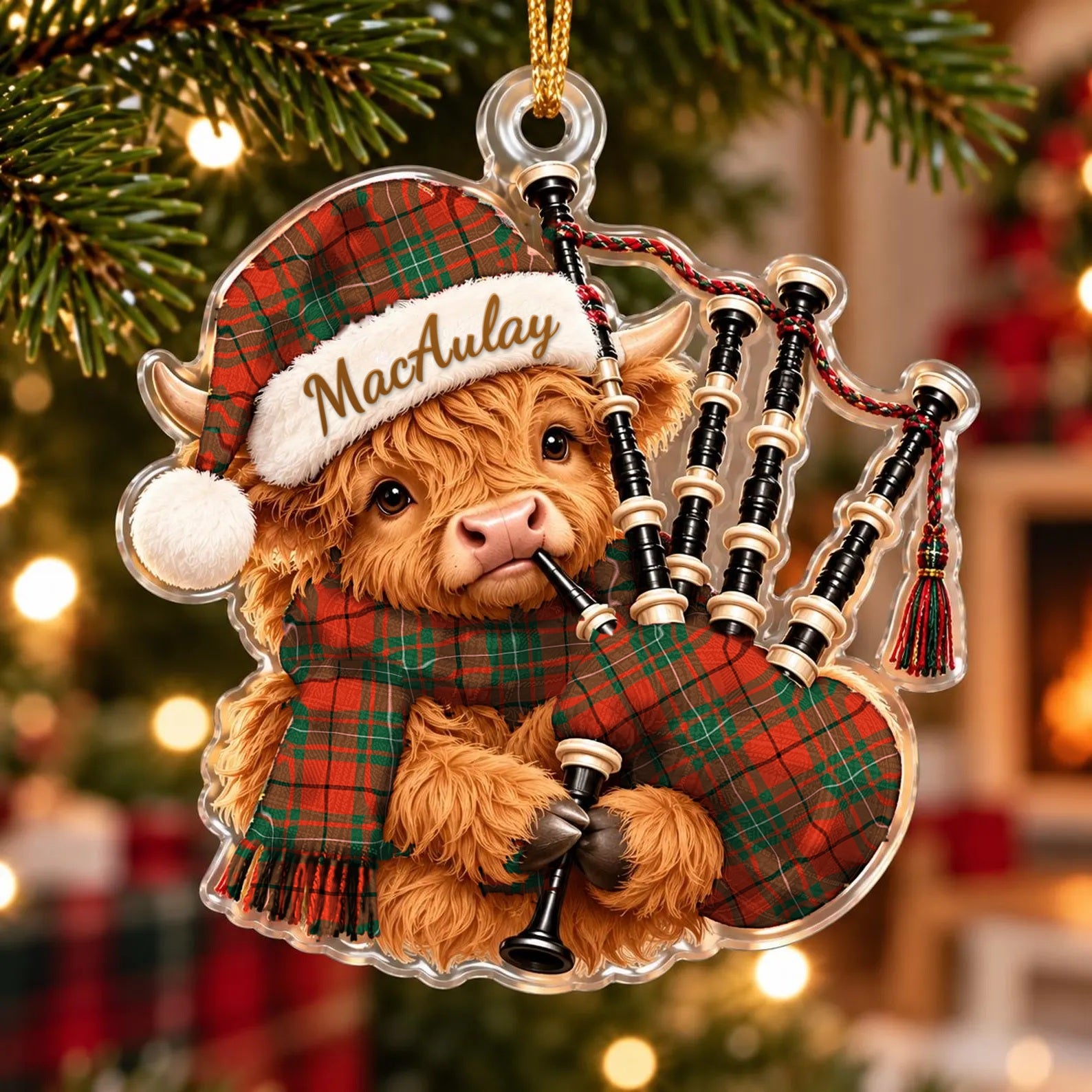 ScotsTee Shop Scottish Macaulay Ancient Tartan Highland Cow Bagpiper Christmas Ornament