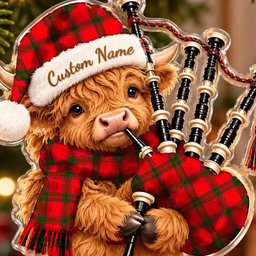 ScotsTee Shop Scottish Macnab Modern Tartan Highland Cow Bagpiper Christmas Ornament