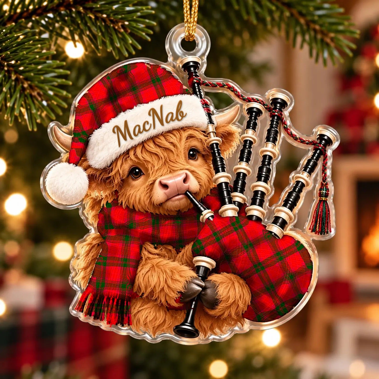 ScotsTee Shop Scottish Macnab Modern Tartan Highland Cow Bagpiper Christmas Ornament