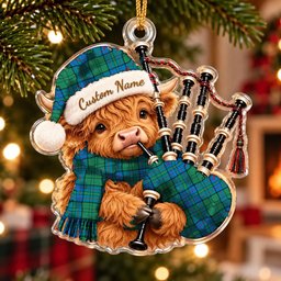 ScotsTee Shop Scottish Lockhart Tartan Highland Cow Bagpiper Christmas Ornament