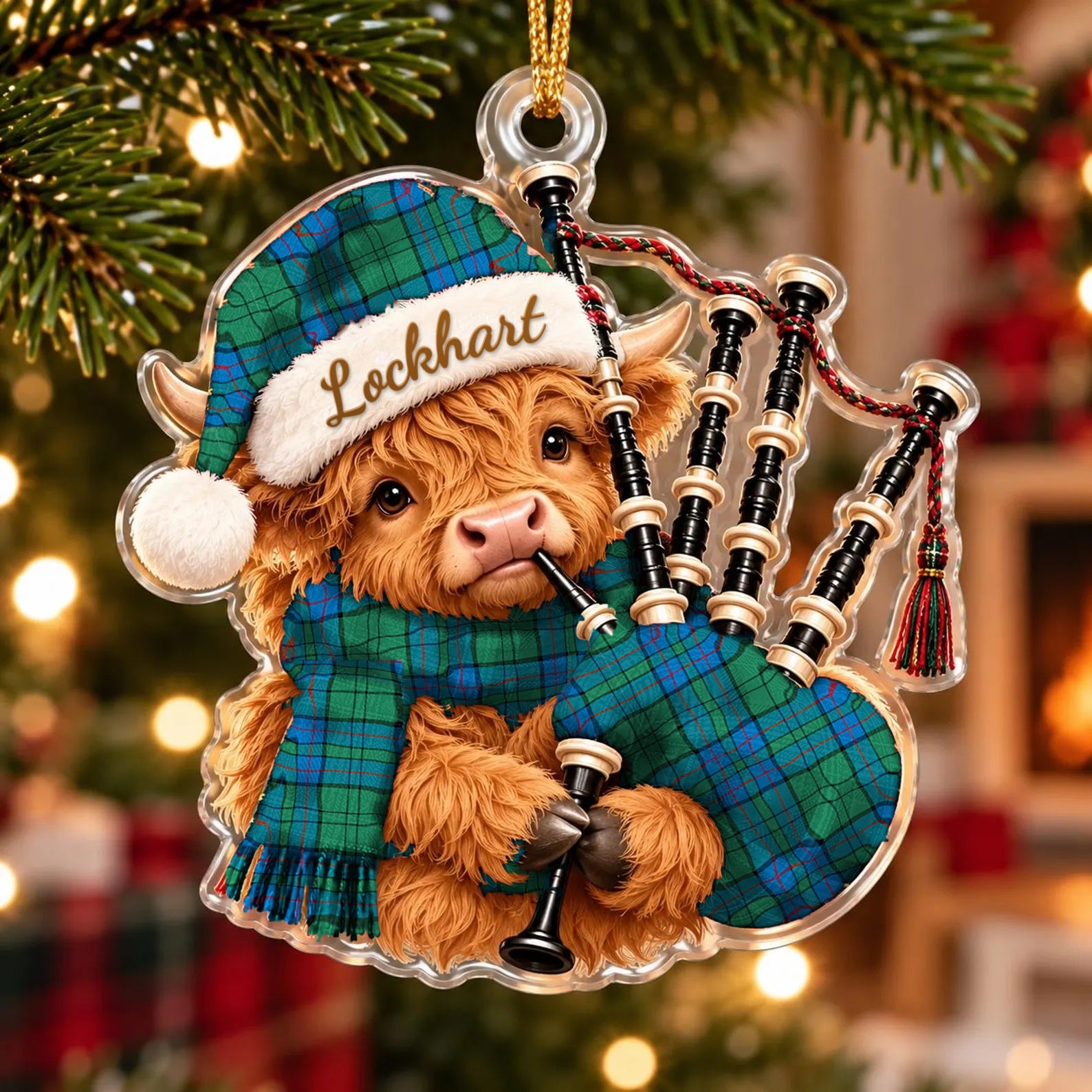 ScotsTee Shop Scottish Lockhart Tartan Highland Cow Bagpiper Christmas Ornament