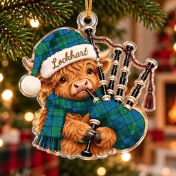 ScotsTee Shop Scottish Lockhart Tartan Highland Cow Bagpiper Christmas Ornament