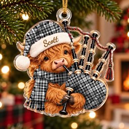 ScotsTee Shop Scottish Scott Black White Modern Tartan Highland Cow Bagpiper Christmas Ornament
