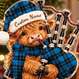ScotsTee Shop Scottish Ramsay Blue Ancient Tartan Highland Cow Bagpiper Christmas Ornament