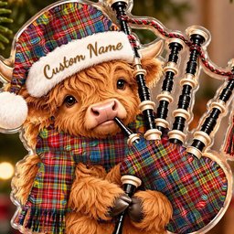 ScotsTee Shop Scottish Ogilvie Of Airlie Ancient Tartan Highland Cow Bagpiper Christmas Ornament
