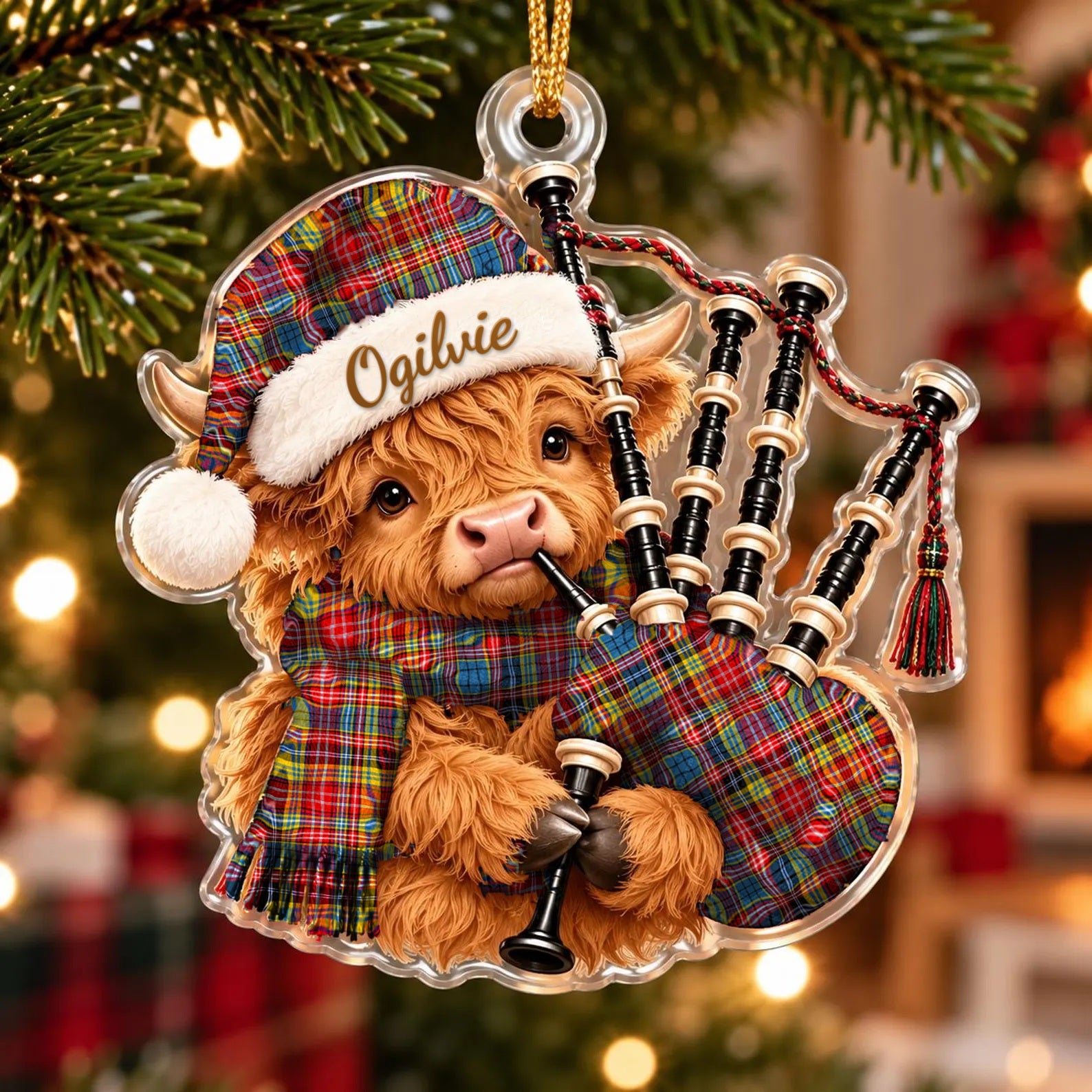 ScotsTee Shop Scottish Ogilvie Of Airlie Ancient Tartan Highland Cow Bagpiper Christmas Ornament