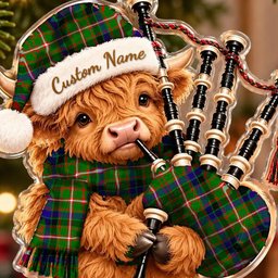 ScotsTee Shop Scottish Reid Green Tartan Highland Cow Bagpiper Christmas Ornament
