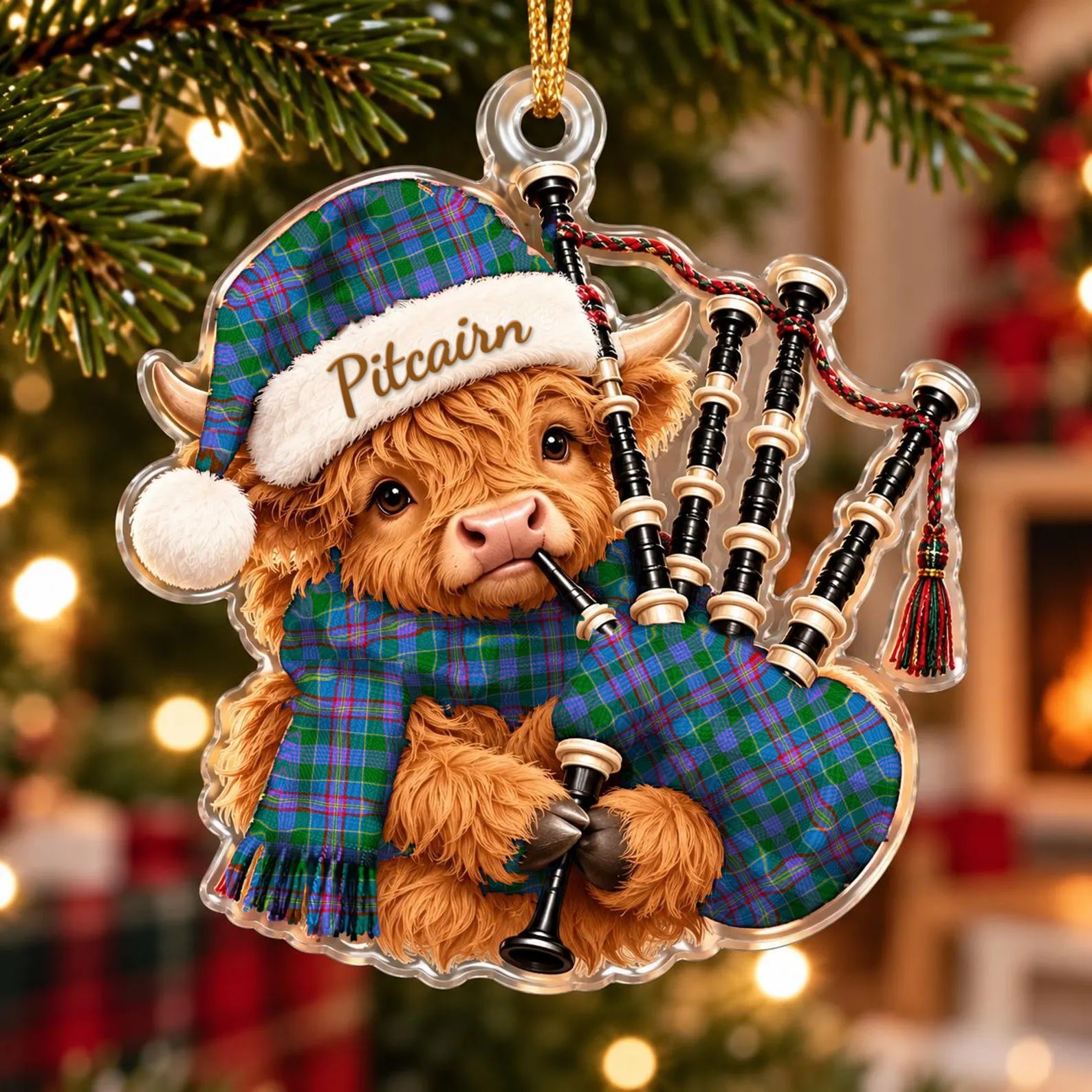 ScotsTee Shop Scottish Pitcairn Hunting Tartan Highland Cow Bagpiper Christmas Ornament