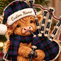 ScotsTee Shop Scottish Nairn Tartan Highland Cow Bagpiper Christmas Ornament