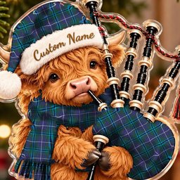 ScotsTee Shop Scottish Sandilands Douglas Tartan Highland Cow Bagpiper Christmas Ornament