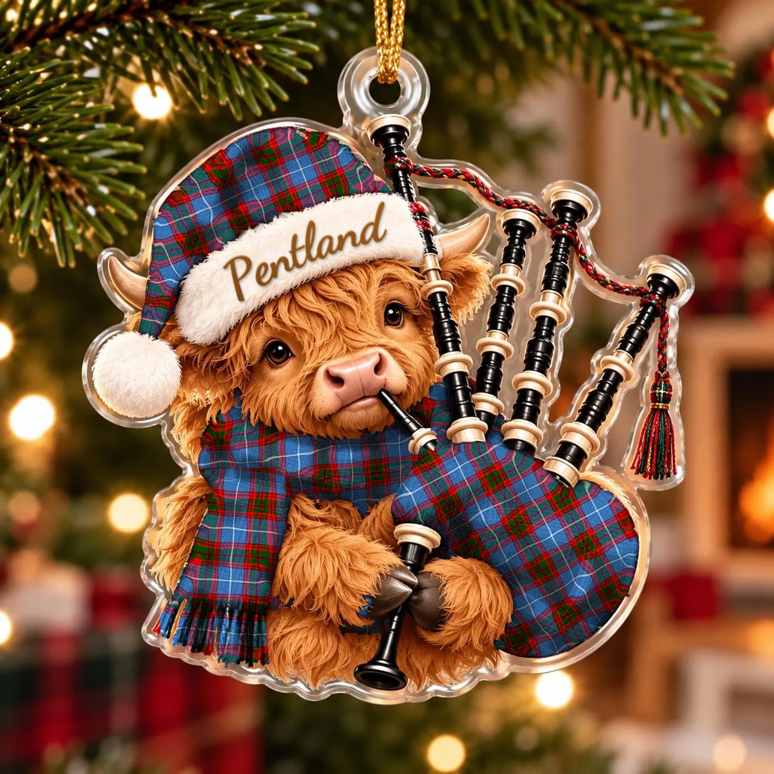 ScotsTee Shop Scottish Pentland Edinburgh Tartan Highland Cow Bagpiper Christmas Ornament
