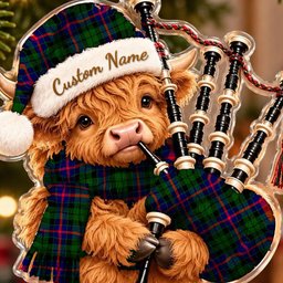 ScotsTee Shop Scottish Morrison Modern Tartan Highland Cow Bagpiper Christmas Ornament