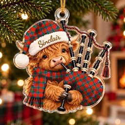 ScotsTee Shop Scottish Sinclair Ancient Tartan Highland Cow Bagpiper Christmas Ornament