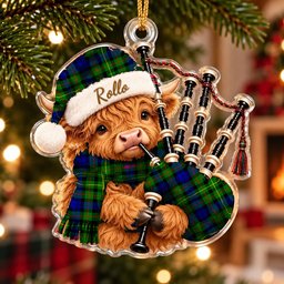 ScotsTee Shop Scottish Rollo Tartan Highland Cow Bagpiper Christmas Ornament