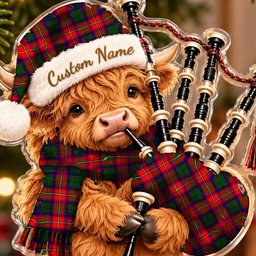 ScotsTee Shop Scottish Mow Roxburgh Tartan Highland Cow Bagpiper Christmas Ornament