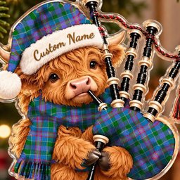 ScotsTee Shop Scottish Ralston Tartan Highland Cow Bagpiper Christmas Ornament