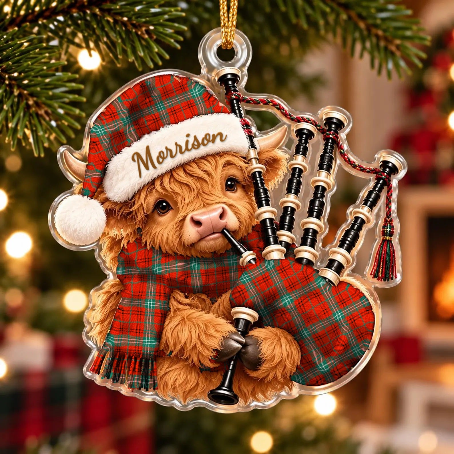 ScotsTee Shop Scottish Morrison Red Ancient Tartan Highland Cow Bagpiper Christmas Ornament