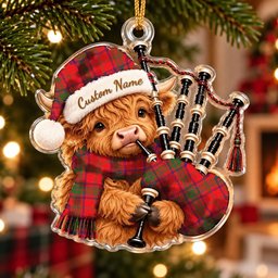 ScotsTee Shop Scottish Ross Modern Tartan Highland Cow Bagpiper Christmas Ornament