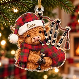 ScotsTee Shop Scottish Ross Modern Tartan Highland Cow Bagpiper Christmas Ornament