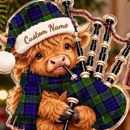 ScotsTee Shop Scottish Newman Tartan Highland Cow Bagpiper Christmas Ornament
