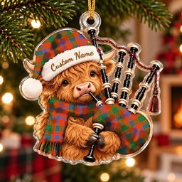 ScotsTee Shop Scottish Ross Ancient Tartan Highland Cow Bagpiper Christmas Ornament