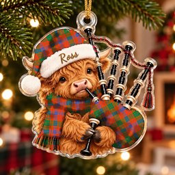 ScotsTee Shop Scottish Ross Ancient Tartan Highland Cow Bagpiper Christmas Ornament