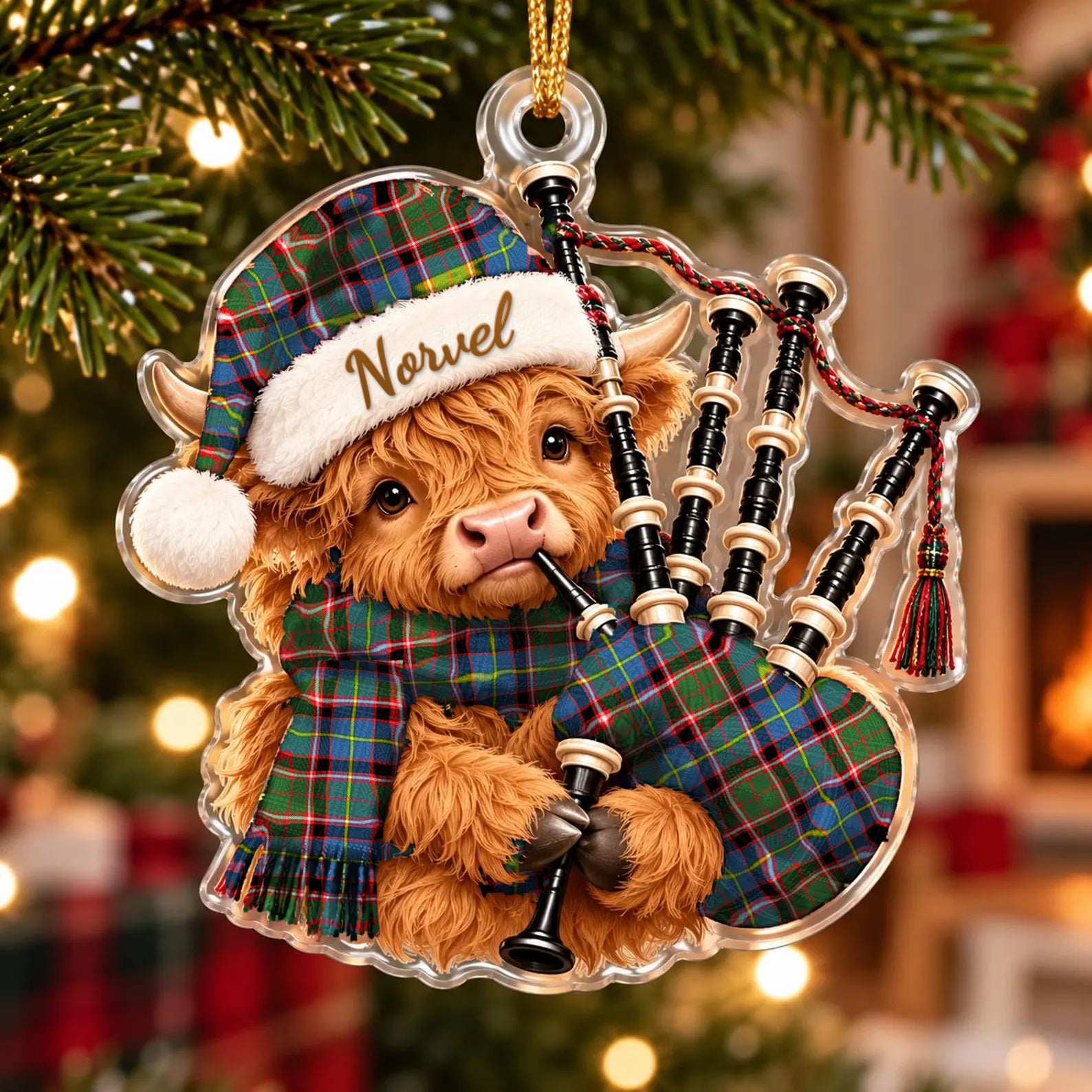 ScotsTee Shop Scottish Norvel Stirling Tartan Highland Cow Bagpiper Christmas Ornament