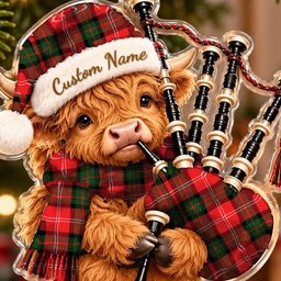 ScotsTee Shop Scottish Nesbitt Modern Tartan Highland Cow Bagpiper Christmas Ornament