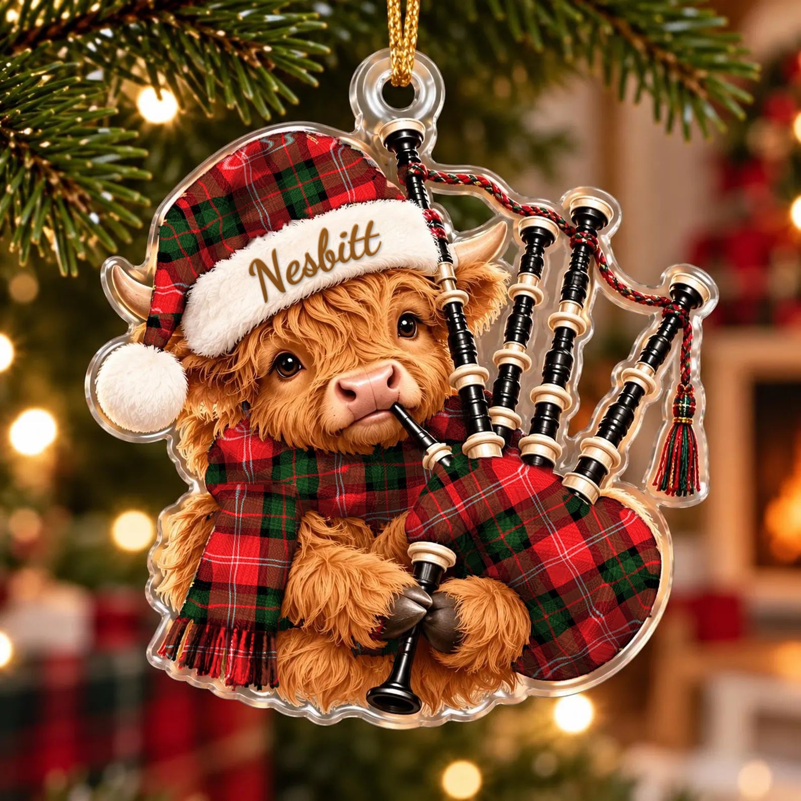 ScotsTee Shop Scottish Nesbitt Modern Tartan Highland Cow Bagpiper Christmas Ornament
