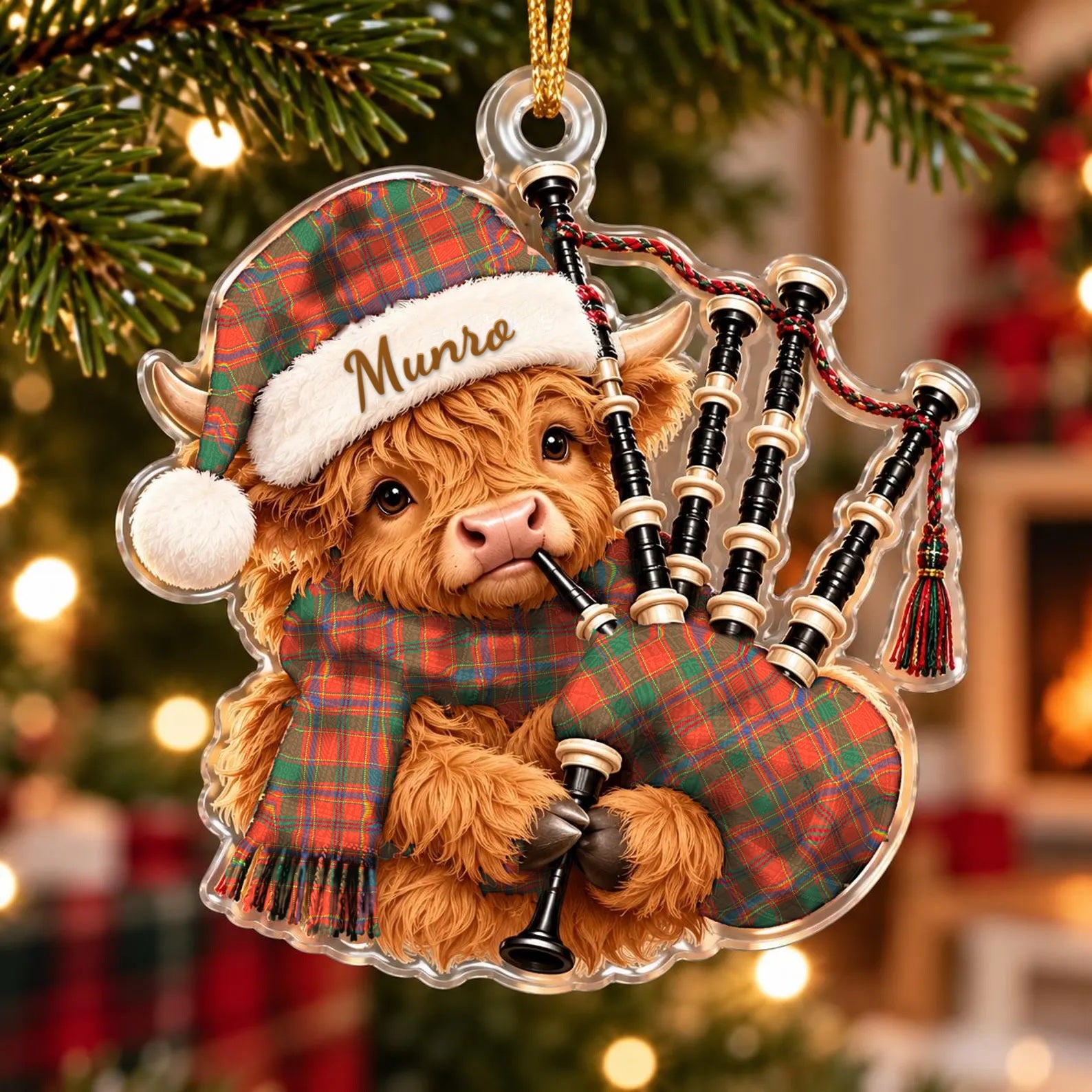 ScotsTee Shop Scottish Munro Ancient Tartan Highland Cow Bagpiper Christmas Ornament