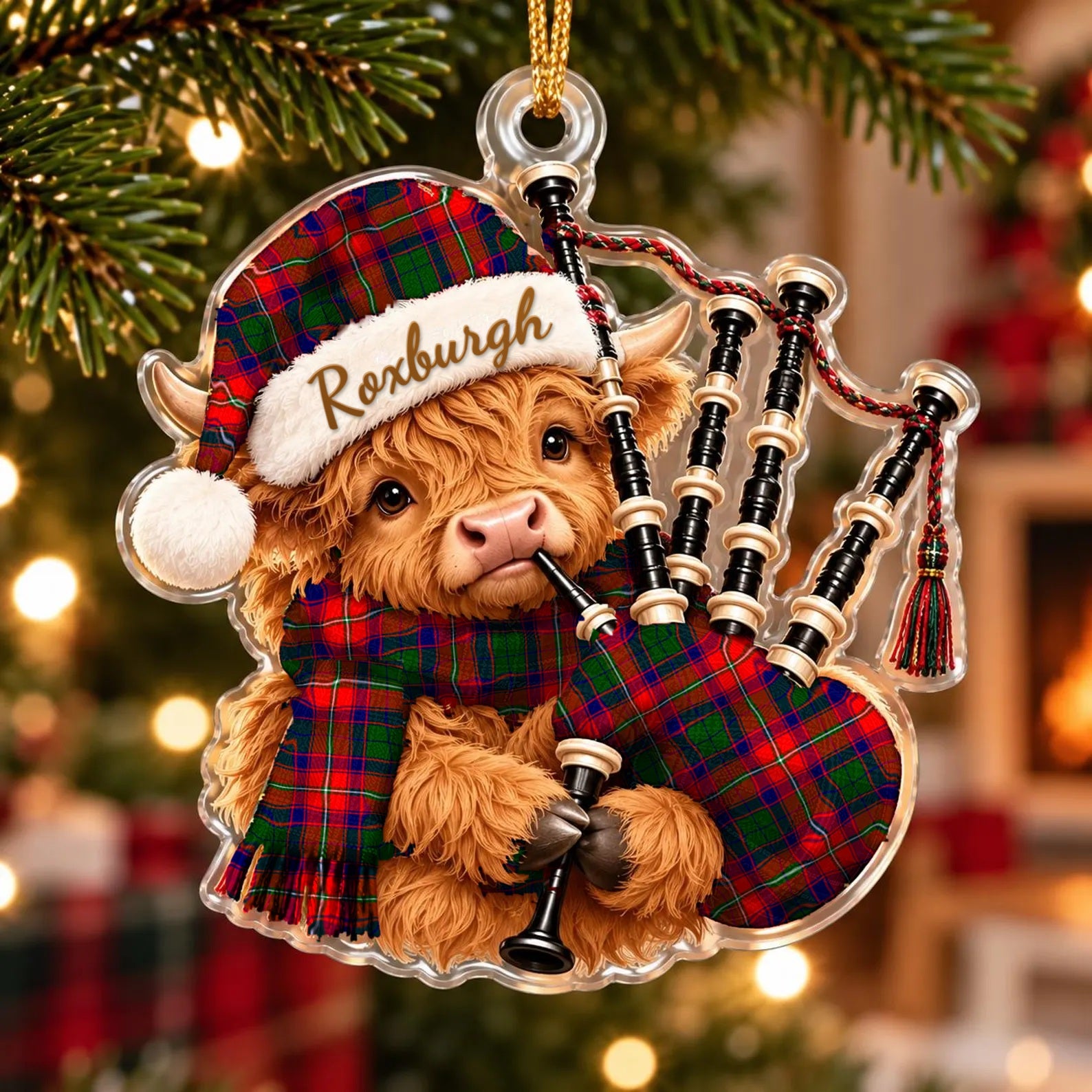 ScotsTee Shop Scottish Roxburgh District Tartan Highland Cow Bagpiper Christmas Ornament